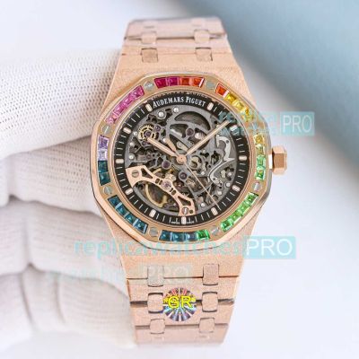 GRF Luxury Clone AP Royal Oak Frosted Gold Rainbow Skeleton Dial Rose Gold Watch 